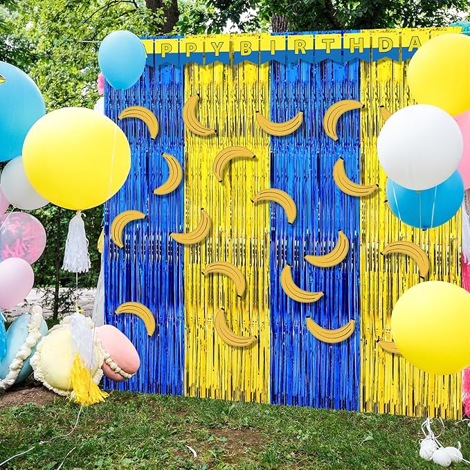 Epakh 39 Pcs Banana Cartoon Birthday Party Decorations Includes 24 Pieces Paper Cards Decor 13 Pcs Happy Birthday Banner 2 Pcs Foil Fringe Curtain Backdrop for Photo Prop Themed Party Supplies