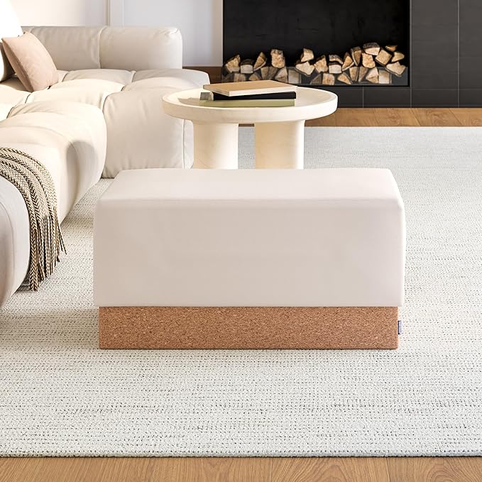 Seville Classics Cushioned Fabric Ottoman Hidden Storage Chest Footrest Chair, Padded Seat for Bedroom, Dorm, Loft, Living Room, Entryway, Hallway, Cork/Cream, 30" Bench
