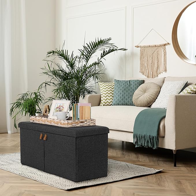 Seville Classics Cushioned Fabric Ottoman Hidden Storage Chest Footrest Chair, Padded Seat for Bedroom, Dorm, Loft, Living Room, Entryway, Hallway, Modern Gray, 33" Shoe Bench w/ Door