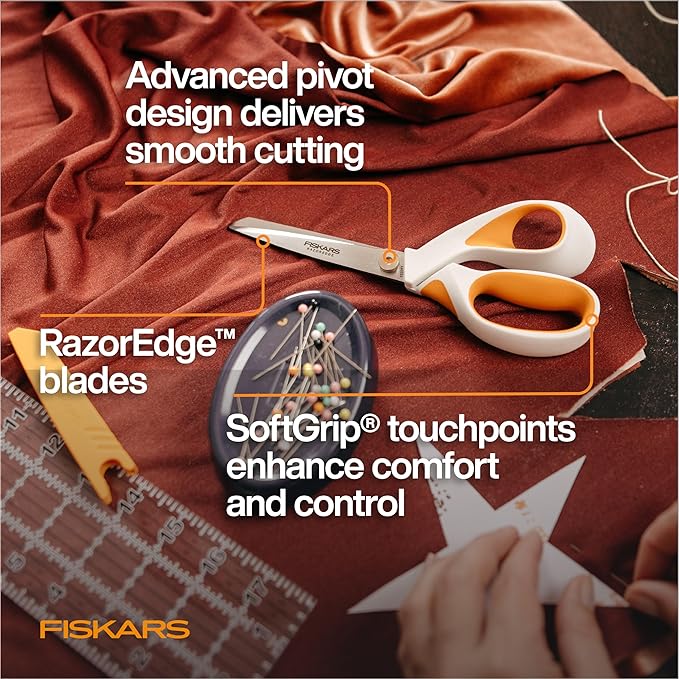 Fiskars RazorEdge Fabric Scissors, Heavy Duty Fabric Shears, Ultra-Sharp Stainless Steel Blades & SoftGrip Ergonomic Handle, 8”, White/Orange