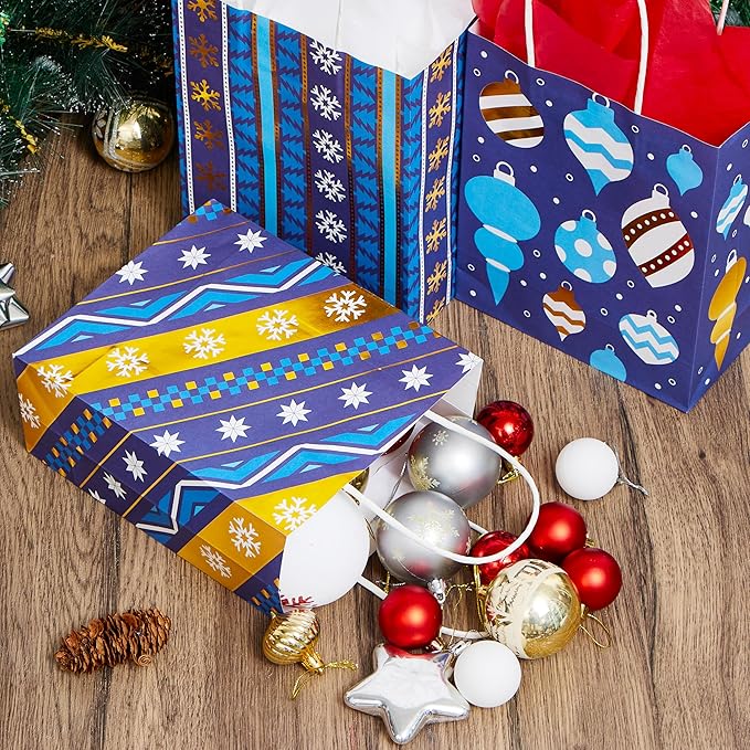 JOYIN 24 PCS Christmas Kraft Gift Bags Xmas Holiday Present Wrapping Paper Goody Bags with Handles for Classrooms and Wedding Decor, Party Favors and Decor Supplies (Blue, 9 x 7.3 x 3.3)