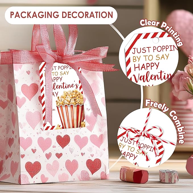 Just Poppin Happy Valentines Gift Tags, 50 Pcs Valentine Tags with String, Popcorn Design Thank You Label for Gift Wrapping, Valent Day Decoration-Red White