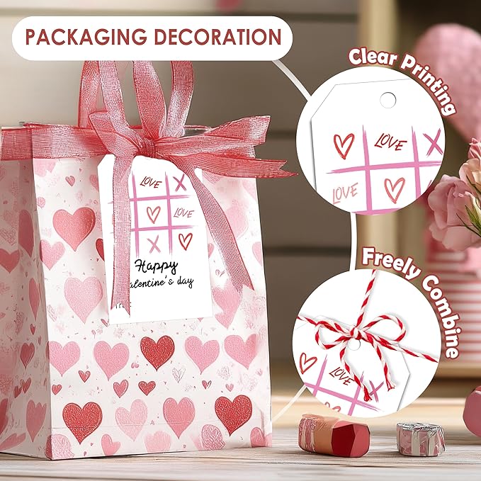 50Pcs Happy Valentines Tags for Bags, Valentine Gift Label with String, Sweet Themed Party or Valentine' Day Thank You Gift Tags Great for Party Favors-XOXO
