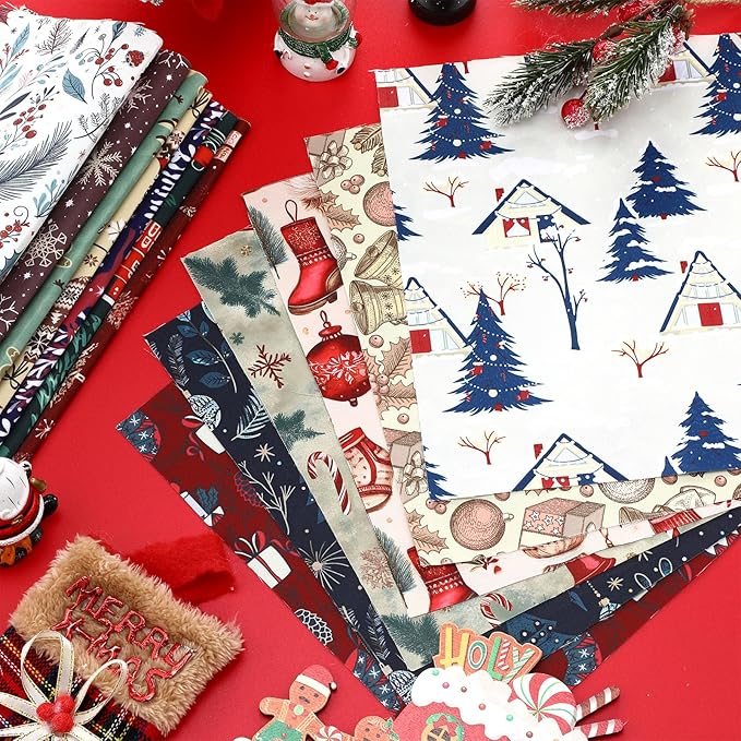 Shimeyao 60 Pcs 10 x 10 Inch Vintage Christmas Quilting Fabric Bundle Fat Quarters Santa Reindeer Snowman Print Square Fabric Printed Patchwork Supplies for Xmas DIY Decorations Sewing Craft