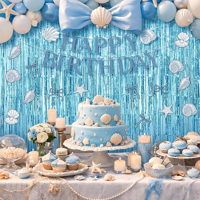 Epakh 39 Pcs Coastal Blue Bow Starfish Seashell Party Decorations Includes 24 Pcs Paper Cards Decor 13 Happy Birthday Banner 2 Foil Fringe Curtain Backdrop for Ocean Photo Prop Party Supplies