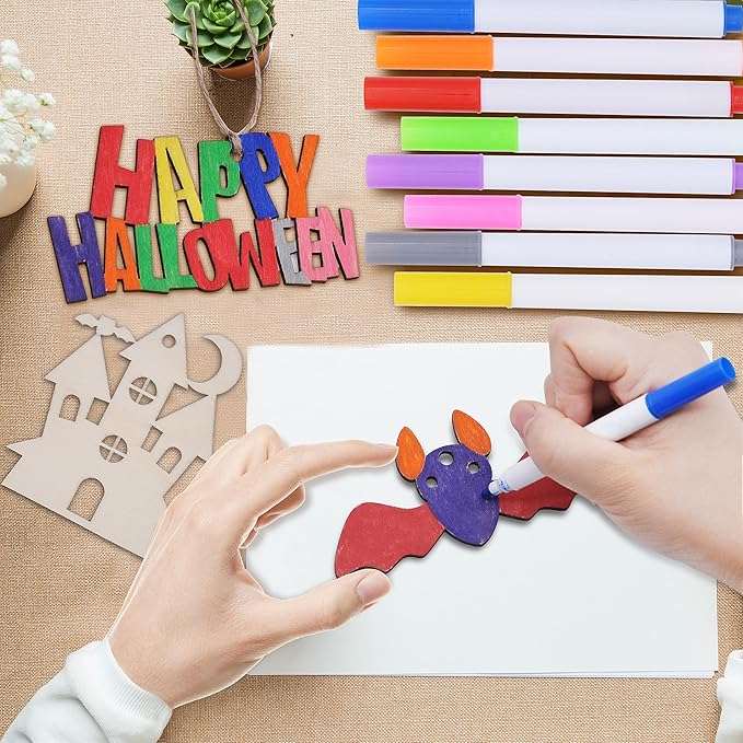 JOYIN 60 Pcs Halloween Craft Wooden Painting Kit, Halloween Party Supplies, Party Favors for Kids, Wood Blank Cutouts Ornaments, Gift Tags Decor for School Art DIY Activities Goodies Games