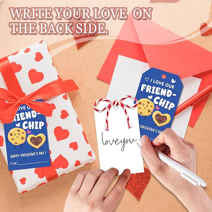 50Pcs Friend-chip Valentines Tags, Cookie Valentines Gift Label with String, Hanging Paper Gift Label for Cookie Bag, Idea Valentine's Activity School Classroom Party Favors