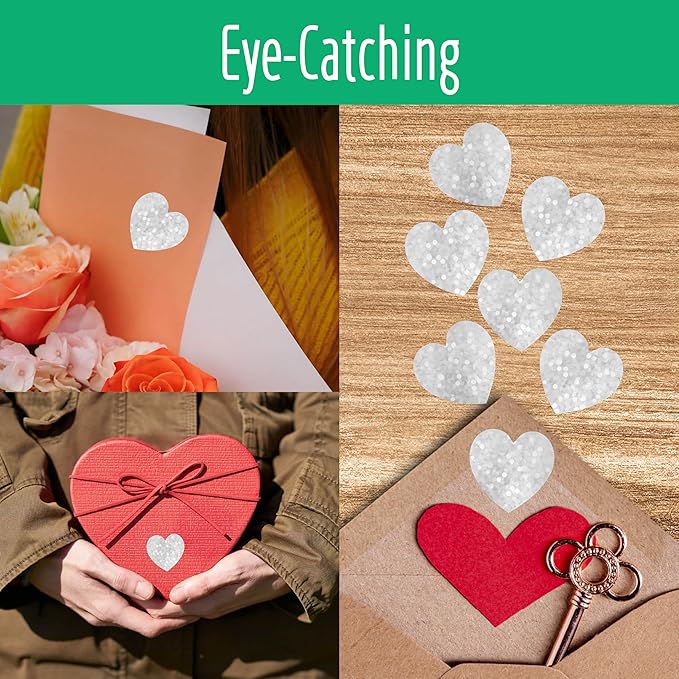 500 PCS Silver Glitter Heart Stickers - Silvery Metallic Sparkling Self Adhesive Waterproof Reflective Heart Stickers for Wedding, Valentine's Day Supplies (1' Each)