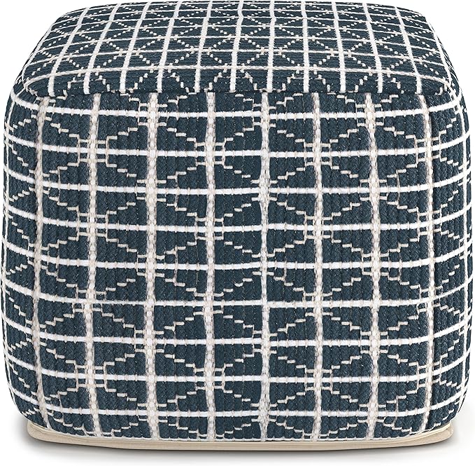 SIMPLIHOME Noreen Boho Square Pouf in Dark Blue and White Handloom Woven Pattern for the Living Room, Bedroom and Kids Room