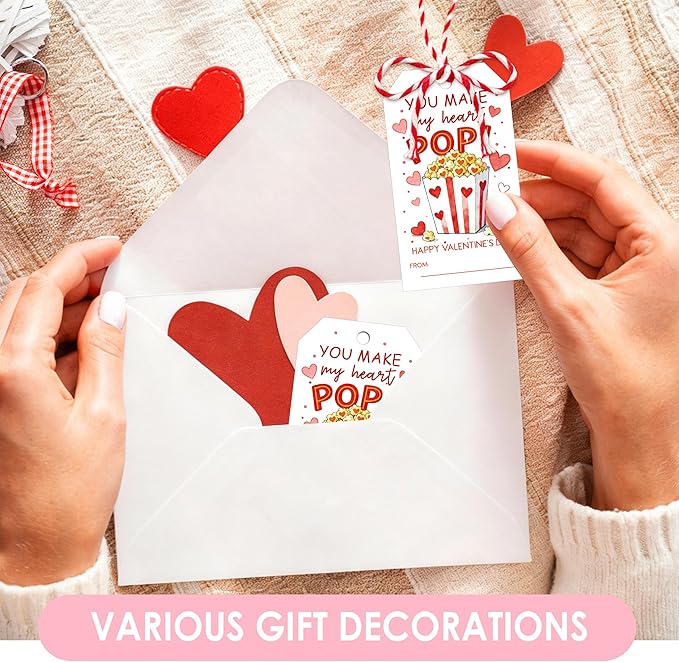 You Make My Heart Pop Valentines Gift Tags, 50 Pcs Valentine Tags with String, Valentines Day Thank You Gift Label for Bags School Classroom Party Favors