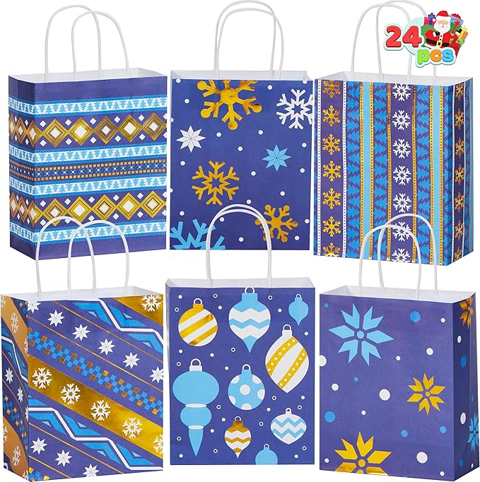 JOYIN 24 PCS Christmas Kraft Gift Bags Xmas Holiday Present Wrapping Paper Goody Bags with Handles for Classrooms and Wedding Decor, Party Favors and Decor Supplies (Blue, 9 x 7.3 x 3.3)