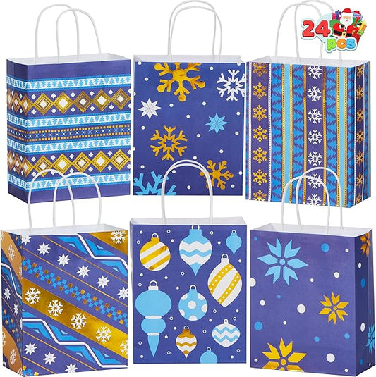 JOYIN 24 PCS Christmas Kraft Gift Bags Xmas Holiday Present Wrapping Paper Goody Bags with Handles for Classrooms and Wedding Decor, Party Favors and Decor Supplies (Blue, 9 x 7.3 x 3.3)