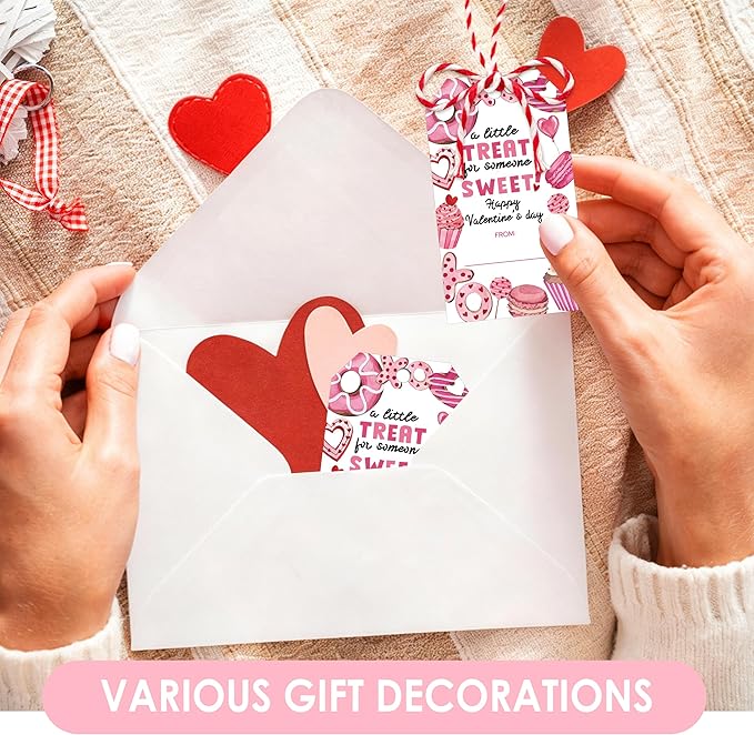 Valentines Day Gift Sticker Tags - 50Pcs A Little Treat Happy Valentine Tags with String, Gift Label Idea Valentines Activity School Classroom Party Favors-Pink