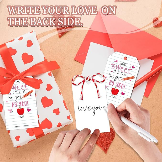 50Pcs Teacher Valentine's Day Tag - Happy Valentine Tags with String, Sweet Teacher Gift Label Idea Valentines Activity School Classroom Party Favors