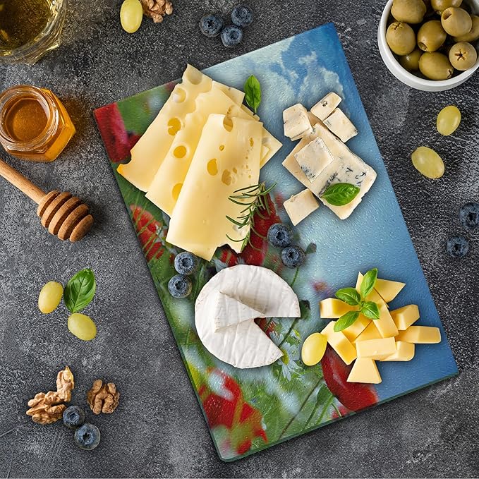 Ambesonne Country Cutting Board, Idyllic Spring Meadow with Poppy and Daisy Flowers Sunny Sky Clouds Garden Design, Decorative Tempered Glass Cutting and Serving Board, Small Size, Blue Red