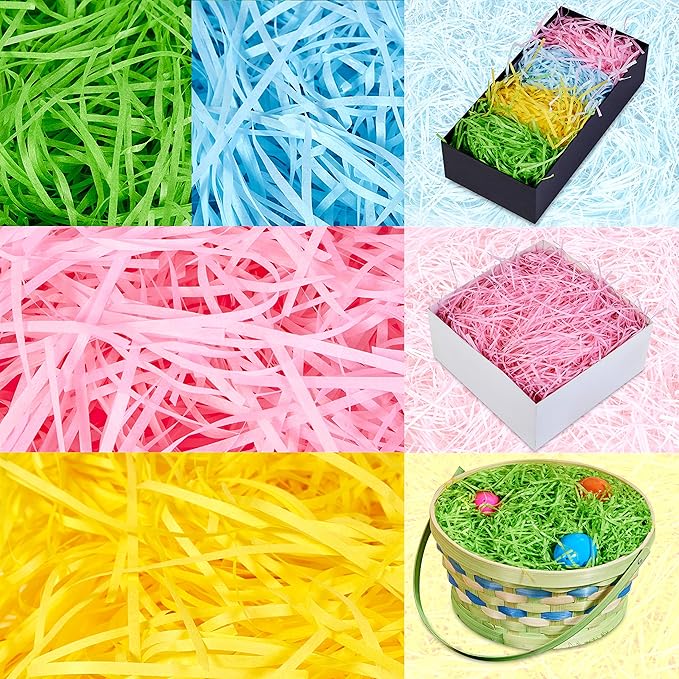 JOYIN 0.75 LB Easter Fake Grass Paper Shred Filler(12 Oz) for Basket Boxes Filling, DIY Gift Wrap Crinkle, Wedding Birthday Engagement Party Decoration, Easter Egg Hunt(Pink, Yellow, Sky Blue, Green)