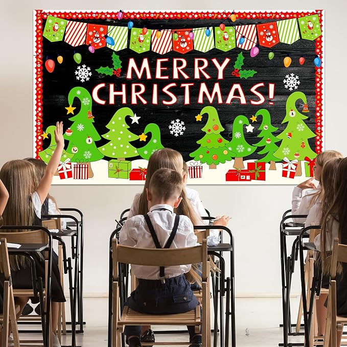 Christmas Bulletin Board Decorations Christmas Tree Bulletin Board Set Merry Christmas Classroom Decorations Xmas Gift Boxes Tree Cutouts Banner for Holiday School Chalkboard Wall Door Decor