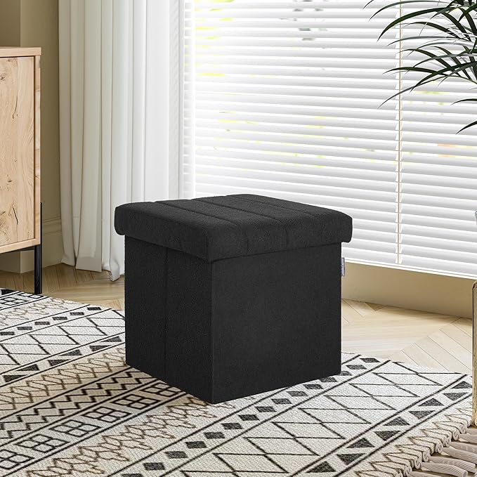 Seville Classics Cushioned Fabric Ottoman Hidden Storage Chest Footrest Chair, Padded Seat for Bedroom, Dorm, Loft, Living Room, Entryway, Hallway, Black Boucle, 15.7" Cube