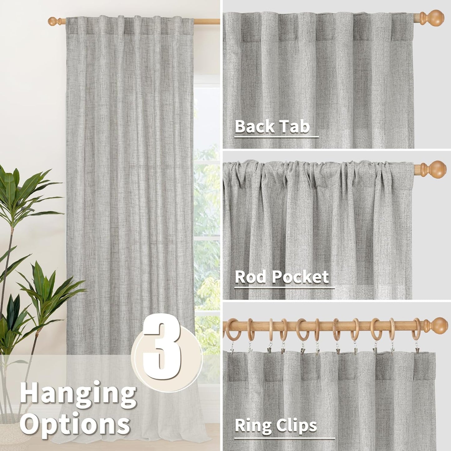 YoungsTex Dark Grey Linen Semi Sheer Curtains 36 Inch Length for Cafe Winow, Short Drapes Light Filtering with Rod Pocket Back Tab for Bathroom, 2 Panels, 42 X 36 Inch