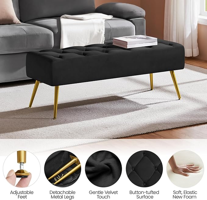 Yaheetech 45" Black Ottomans, Velvet End of Bed Bench, Ottoman Foot Rest with Gold Legs for Living Room, Bedroom, Entryway, Black