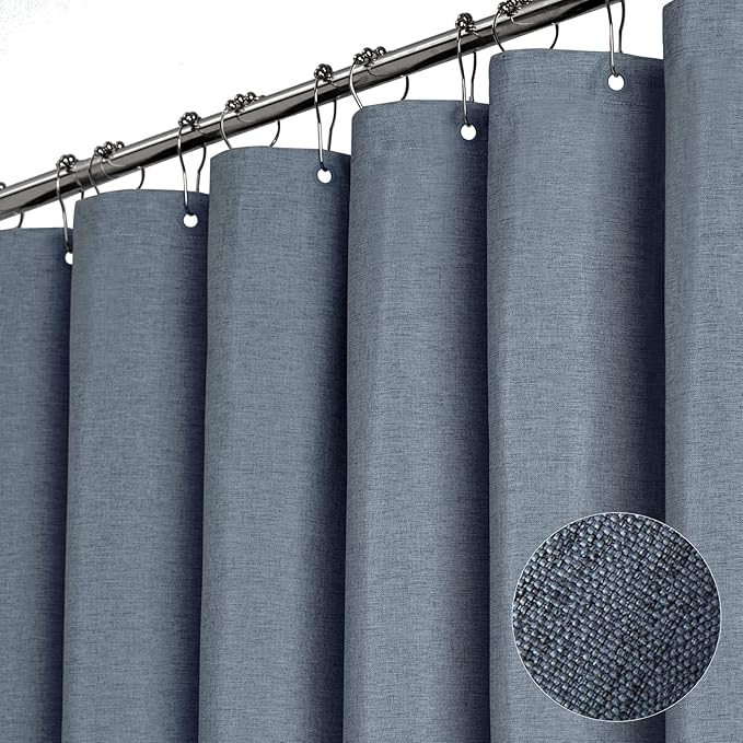 BTTN Extra Long Shower Curtain - 84 Inch Long Linen Textured Heavy Duty Fabric Shower Curtain Set with 12 Plastic Hooks, Large Hotel Spa Simple Polyester Bath Curtains for Bathroom - 72x84 - Blue Gray