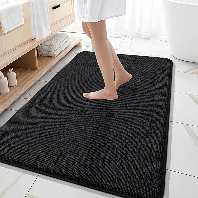 OLANLY Thick Memory Foam Bath Mats Rugs 59x35, Extra Soft Absorbent Bathroom Rug, Quick Dry Bath Mat, Non-Slip, Machine Washable Carpet for Bathroom, Tub and Shower, Home Decor Accessories, Black
