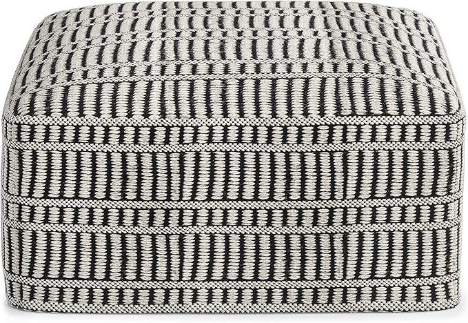 SIMPLIHOME Safford Square Pouf - 20 inch Wide Upholstered PET Polyester Ottoman in Black and White, Boho Indoor/Outdoor Footstool or Extra Seating for Living Room, Bedroom, or Patio, Assembled