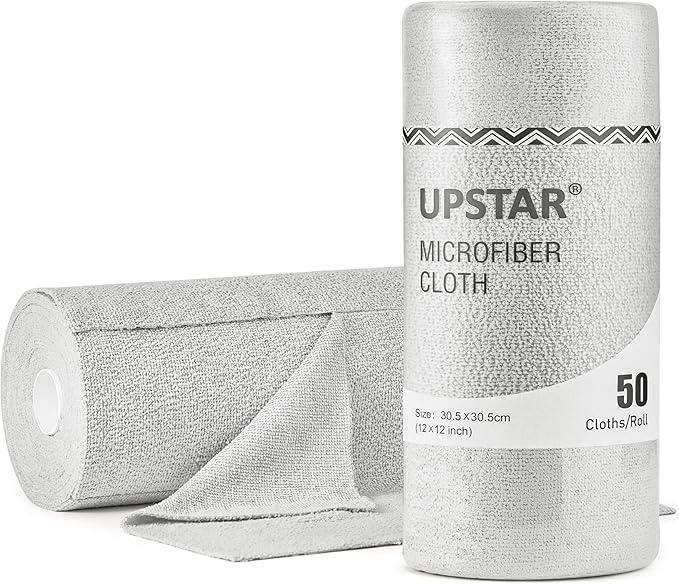 UPSTAR Microfiber Cleaning Cloth, Reusable Paper Towels Rolls, 50 Packs 12x12 inch Cleaning Rags for Washing Dishes, Kitchen, Bathroom, Car, Grey
