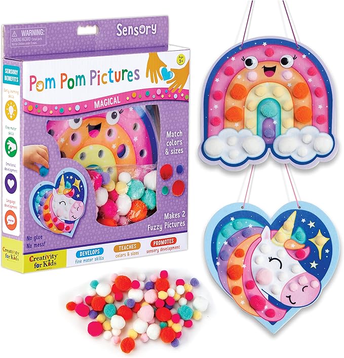 Creativity for Kids Pom Pom Pictures: Magical - Rainbow and Unicorn Sensory Toy Boards (8" x 8"), Preschool and Toddler Crafts, Unicorn Gifts (Ages 3+)