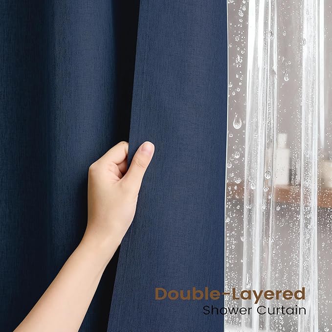 BTTN 3 in 1 Shower Curtain Set, Navy Blue Linen Textured Fabric Shower Curtain and Clear Liner Set with Plastic Hook, Modern Hotel Luxury Weighted Waterproof Shower Curtain for Bathroom, Blue, 72x72