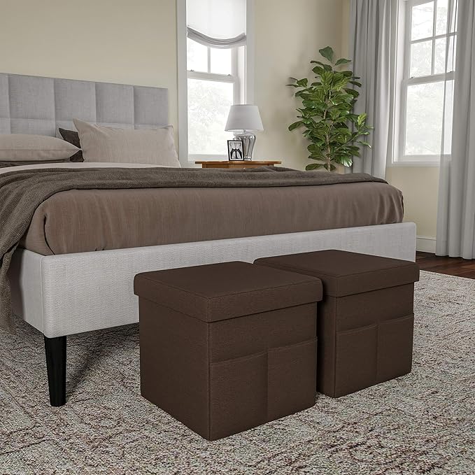 Set of 2 Ottomans with Storage Pockets - 15-Inch Folding Foot Rests or Storage Organizers for Bedroom, Living Room, or Dorm by Lavish Home (Brown)