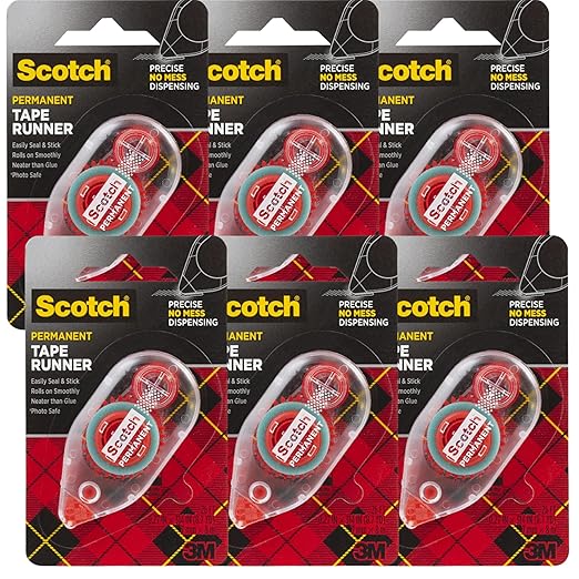3M 6061 Scotch Double Sided Adhesive Roller Tape Runner, Permanent, Acid-Free, Photo-Safe Adhesive for Scrapbooking, Photo Mounting, and Crafts, 0.27 in x 26 ft per Roller, Pack of 6