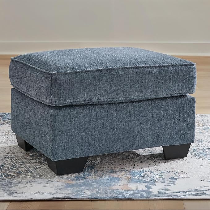 Signature Design by Ashley Cashton Contemporary Accent Ottoman with Faux Wood Finished Exposed Feet, Foam Cushion, Crosshatched Upholstery, 30" by 24", Blue