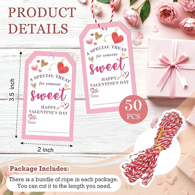 50Pcs Valentines Day Gift Tags - Happy Valentine's Day Tags with String, A Special Treat for Someone Sweet Tag for Gift Wrapping, Valentine's Day Decoration