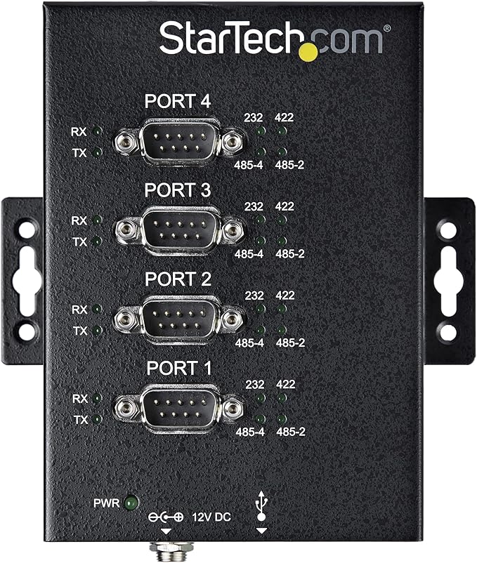 StarTech.com 4 Port Serial Hub USB to RS232/RS485/RS422 Adapter - Industrial USB 2.0 to DB9 Serial Converter Hub - IP30 Rated - Din Rail Mountable Metal Serial Hub - 15kV ESD Protection, TAA