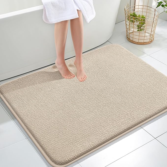 OLANLY Thick Memory Foam Bath Mat Rug 40x32, Extra Soft Absorbent Bathroom Rug, Quick Dry Bath Mats, Non-Slip, Machine Washable Carpet for Bathroom, Tub and Shower, Home Decor Accessories, Beige