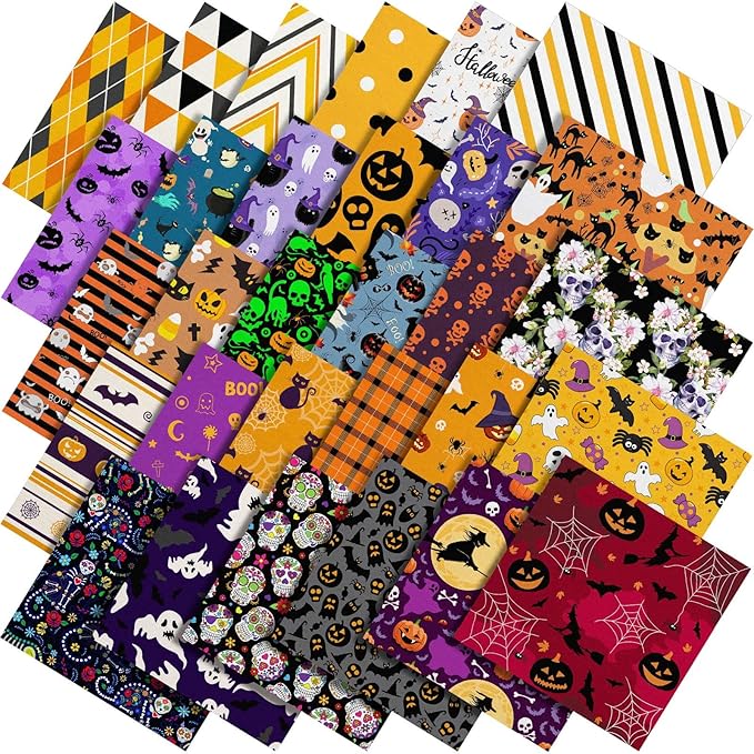 60 Pcs 10 x 10 Inch Halloween Fabric Polyester Fabric Bundle Fat Quarters Bat Pumpkin Ghost Skull Print Squares Holiday Quilting for DIY Decorations Sewing Craft, 30 Styles (Ghost)