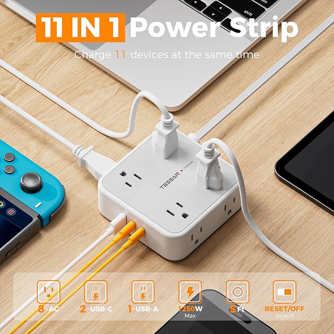 Surge Protector Power Strip, TESSAN Flat Plug Extension Cord with Multiple Outlets, 8 AC Outlets, 3 USB Ports(2 USB C), 5 Ft, 900 Joules Protection, 3-Sided Charging Station for Home Office Dorm Room