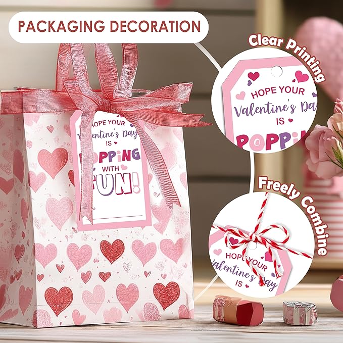 50 Pcs Have A Poppin Valentines Day Sticker Label, Valentine Gift Tags with String, Gift Label Paper Tags Labels Idea Valentines Activity Party Favors-Pink