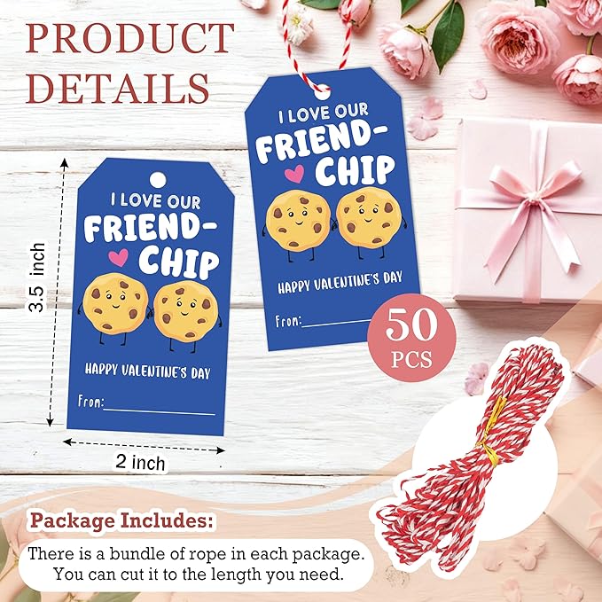 50Pcs Friend-chip Valentines Tags, Cookie Valentines Gift Label with String, Hanging Paper Gift Label for Wrapping Treat Bag, Idea Valentine's Activity School Classroom Party Favors