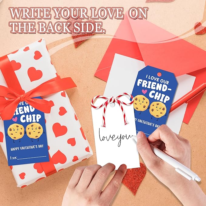 50Pcs Friend-chip Valentines Tags, Cookie Valentines Gift Label with String, Hanging Paper Gift Label for Wrapping Treat Bag, Idea Valentine's Activity School Classroom Party Favors
