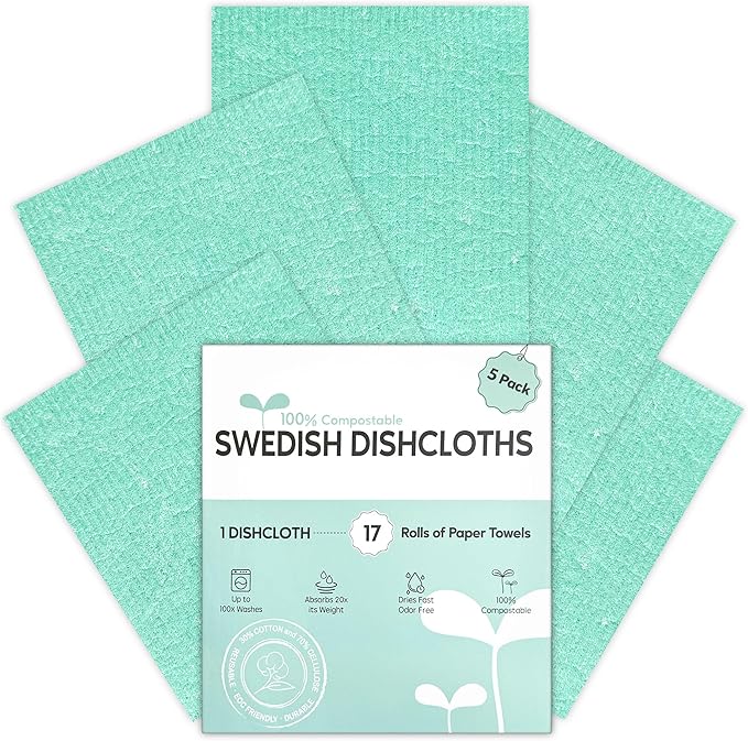 Swedish Dishcloths for Kitchen, 5 Pack Swedish Dish Cloths, Ultra Absorbent Reusable Paper Towels, Cellulose Sponge Cloths, Quick Drying, No Odor, Dishwasher Safe Mint Green