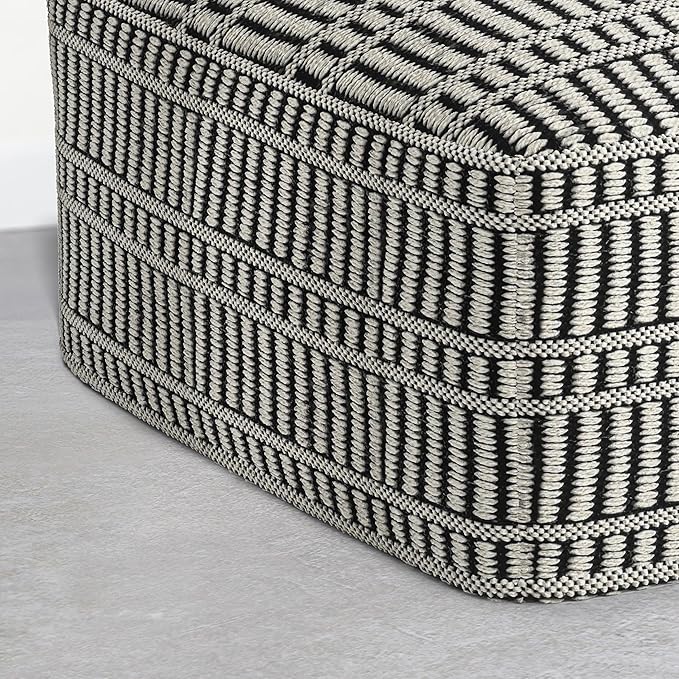 SIMPLIHOME Safford Square Pouf - 20 inch Wide Upholstered PET Polyester Ottoman in Cream White and Deep Black, Boho Indoor/Outdoor Footstool or Extra Seating for Living Room or Patio, Assembled