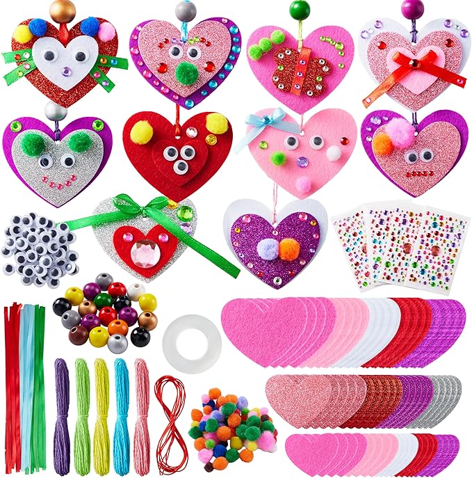 JOYIN Valentines Day 264 Pcs DIY Heart Felt Craft Set, Felt & Glitter Hearts & Wooden Beads & Plastic Eyes & Colorful Paper Ropes for Valentine's Day Kids Craft Party Classroom Ornaments Decorations