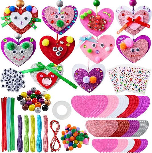 JOYIN Valentines Day 264 Pcs DIY Heart Felt Craft Set, Felt & Glitter Hearts & Wooden Beads & Plastic Eyes & Colorful Paper Ropes for Valentine's Day Kids Craft Party Classroom Ornaments Decorations