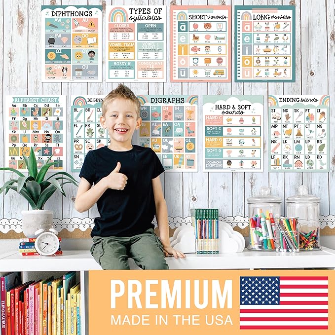 Hadley Designs Sound Wall Classroom Phonics Posters - Syllable Types Posters For Classroom Decor, Long and Short Vowel Sounds Chart, Digraphs and Blends Poster, 9 Boho Sound Wall Bulletin Board Set