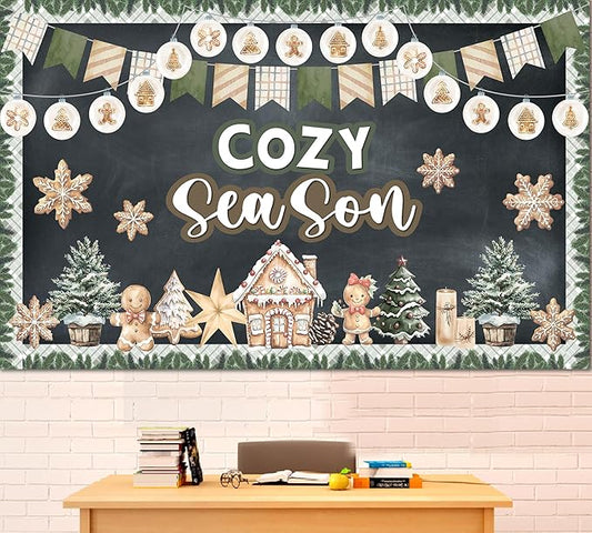 Winter Bulletin Board Decorations Winter Cozy Season Bulletin Board Set Gingerbread Snowflake Cutouts Classroom Decoration for School Home Chalkboard Wall Door Decor Holiday Xmas Party Supplies
