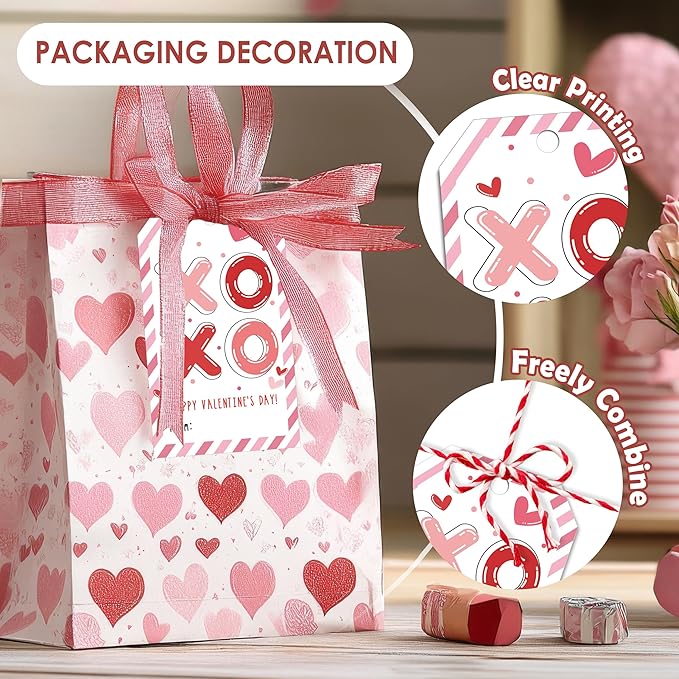50Pcs Happy Valentines Tags for Bags, XOXO Valentine Gift Label with String, Sweet Themed Party or Valentine' Day Thank You Gift Tags Great for Party Favors
