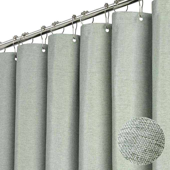 BTTN Stall Fabric Shower Curtain - 48x72 Inch Narrow Linen Textured Heavy Duty Shower Curtain Set with 8 Plastic Hooks, Hotel Spa Luxury Small Waterproof Neutral Bath Curtain for Bathroom - Sage Green