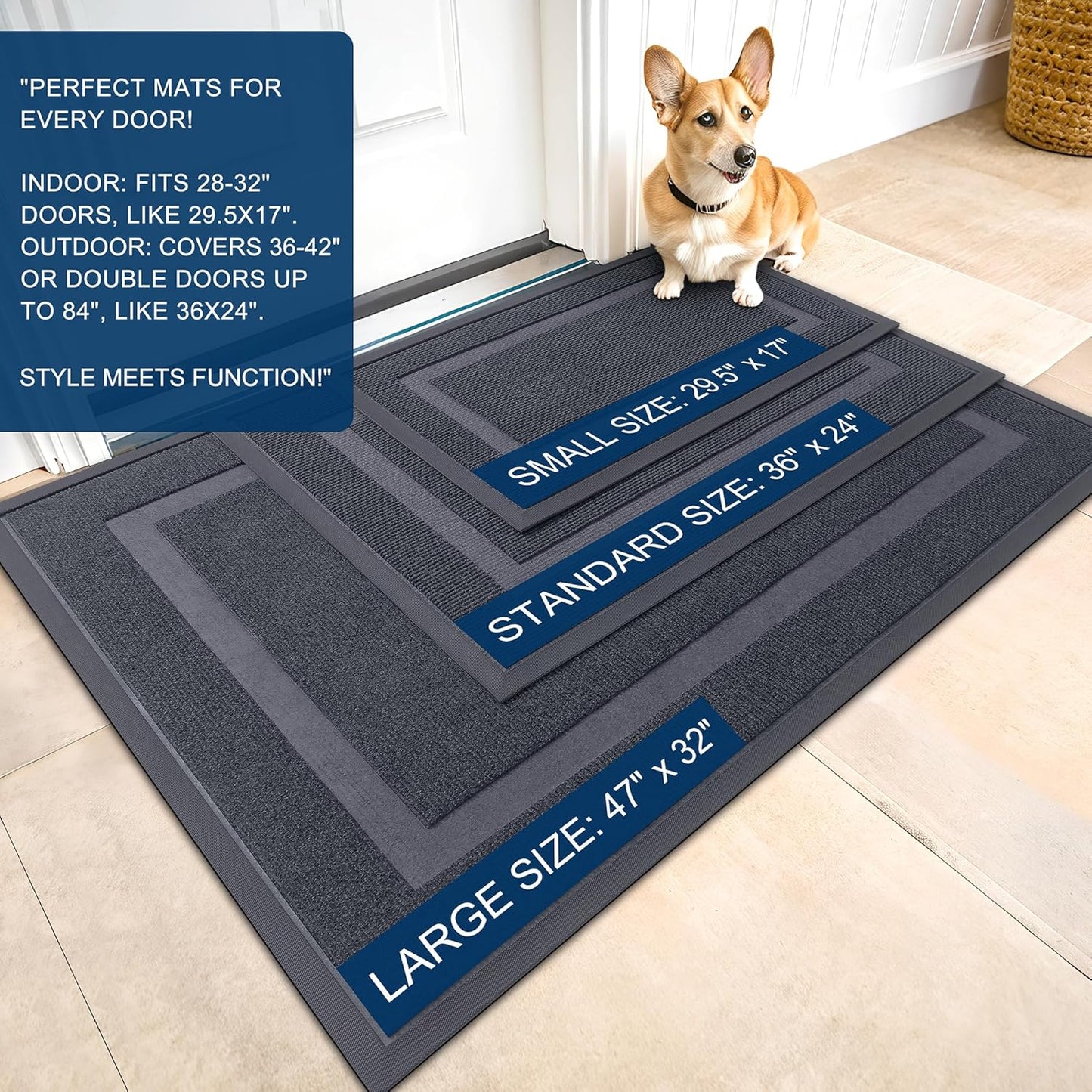 OLANLY Front Door Mat Indoor Outdoor Entrance, Waterproof All-Season, All-Weather Doormat, Sturdy Natural Rubber, Fade Resistant, Low Profile, Easy Clean Patio Porch Entryway Mat, 59x20, Light Grey